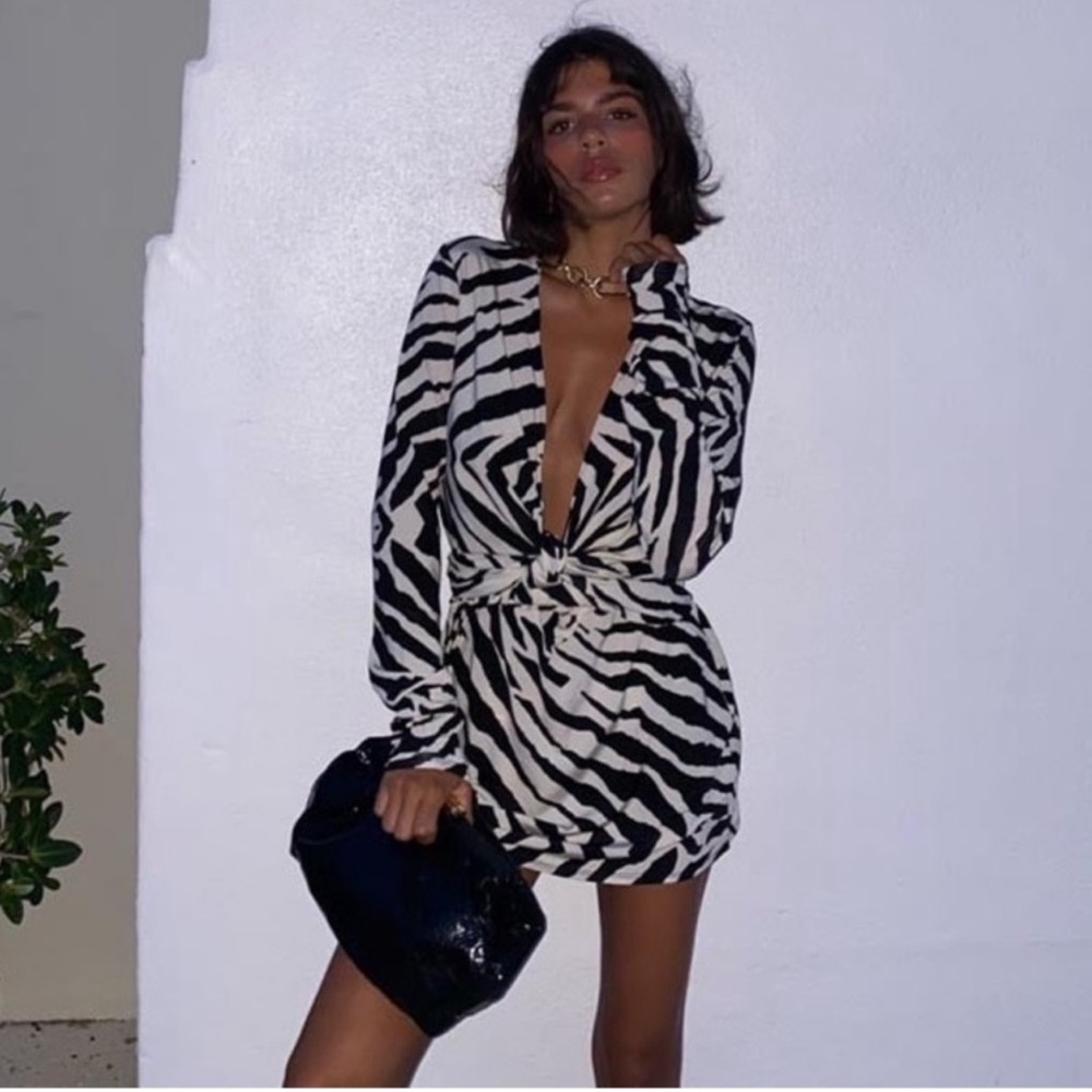 NWOT Rat & Boa Allegra Zebra Mini Long Sleeve Plunge Tie Dress (XS Black White)